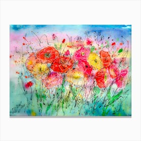 Floral Splendor Poppies in a Summer Breeze Watercolor Canvas Print