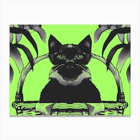 Black Kitty Cat Meow Bright Green 1 Canvas Print