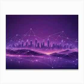 A Stylized City Skyline Depicted In A Purple, Digital Network, With Glowing Lines And Dots, Suggesting A Connected And Futuristic City Canvas Print