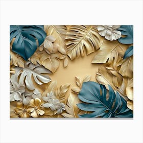 3d Tropical Leaves Background Golden Canvas Print