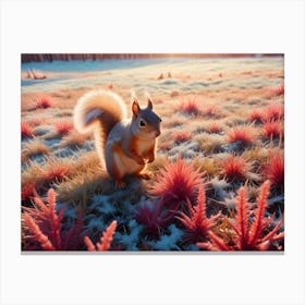 Red Squirrel Standing In A Field Of Red Grass And Snow Canvas Print