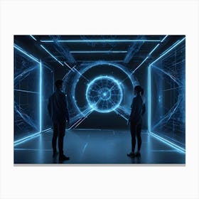 Two People Are Silhouetted Against A Backdrop Of A Glowing Blue Sphere And Lines, Creating A Futuristic And Technological Scene Canvas Print