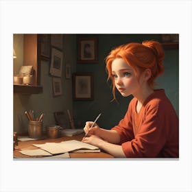 A Young Woman With Red Hair Sits At A Desk Writing In A Notebook, With Warm, Soft Lighting And A Cozy, Homely Setting Canvas Print