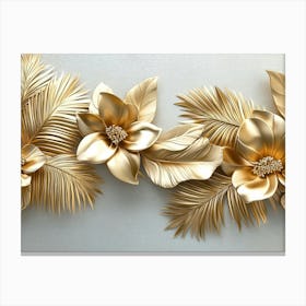 Gold Floral Plants and Palm Leaves 3d Illustration, Grey Background, Abstract Tropical Leaves, Banana Leaves 1 Canvas Print