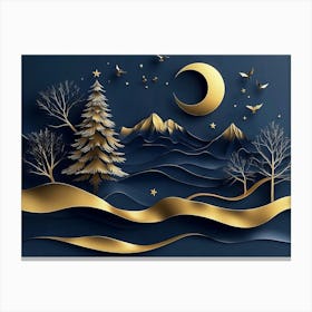 3d Modern Landscape Painting With Dark Blue and Golden Wave Canvas Print