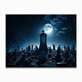 A Haunting View Of A Tomb Silhouetted Against The Night Sky A Gravestone With The Cross Engraved W (4) Canvas Print