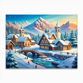 Snow Covered Village In The Mountains At Sunset Canvas Print