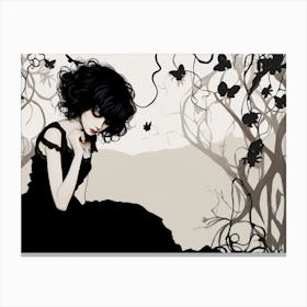 Sad Gothic Girl In A Black Dress Red Accent Canvas Print