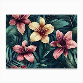 Tropical Seamless Pattern with Exotic Flowers and Leaves 6 Canvas Print