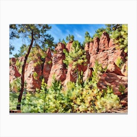 Ochres Land Majestic Cliffside Forest. This image showcases a stunning cliffside landscape adorned with lush green trees. The rocky formations exhibit a range of warm hues, from sandy yellows to deep reds, creating a striking contrast against the vibrant blue sky. The scene captures the beauty of nature's rugged terrain and the resilience of trees growing on steep, rocky surfaces. 3 Canvas Print