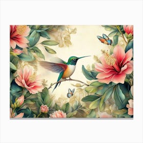 Vintage Tropical Protea, Hibiscus Flowers, Leaves, Hummingbirds, Butterflies Canvas Print