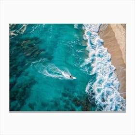 Aerial View Capturing A Single Surfer Carving Through The Azure Waves Silhouetted Against The Cryst (3) Canvas Print