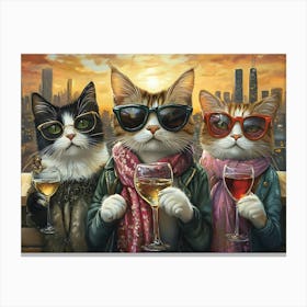 City Cats With Wine 2 Canvas Print