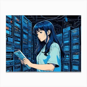 A Young Woman With Long Blue Hair Stands In A Server Room, Holding A Piece Of Paper Canvas Print