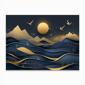 3d Modern Dark Blue and Golden Wave Background Mountains, Golden Deer and Birds Canvas Print