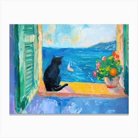 Cat Black On A Window Beach Matisse Style Canvas Print