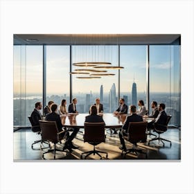 Confident Ceo Seated At The Head Of A Sleek Gleaming Mahogany Conference Table Leading An Energize 2 Canvas Print