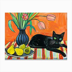 Black Cat With Tulips 8 Canvas Print