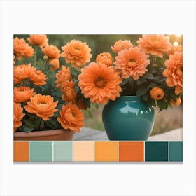 A Still Life Image Of A Vase Of Orange Flowers, With A Color Palette Underneath Canvas Print