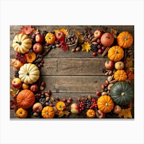 An Assortment Of Autumnal Fruits And Vegetables Laid Out In A Rustic Wooden Table Arrangement Inclu (7) Canvas Print