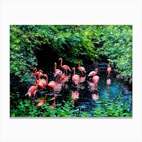 Flamingos in a Tranquil Lagoon. A serene scene of vibrant pink flamingos wading and interacting in a lush, green lagoon surrounded by dense foliage. The water reflects their elegant forms, creating a harmonious connection between nature and wildlife. 6 Canvas Print