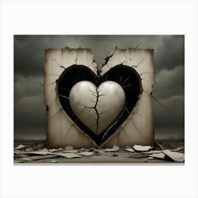 A 3d Rendering Of A Broken, Cracked Heart Sculpture Inside A Cracked, Concrete Block, With A Stormy Sky In The Background Canvas Print