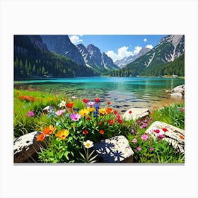 Mountain Lake With Flowers Canvas Print