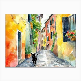 Black Cat In Udine, Italy, Street Art Watercolour Painting 3 Canvas Print