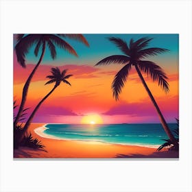 A Tranquil Beach At Sunset Horizontal Illustration 32 Canvas Print