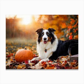 Autumnal Backdrop Transitioning Into Winter An American Border Collie Sits On A Bed Of Fallen Leave (5) Canvas Print