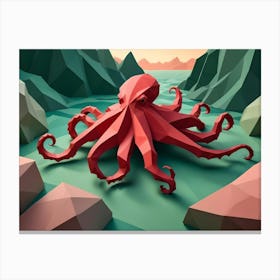 A Red, Low Poly Octopus On A Teal Background With Geometric Rock Formations Canvas Print