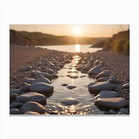 Small Stream Flowing Over Pebbles Towards The Sea At Sunset With Lens Flare Canvas Print