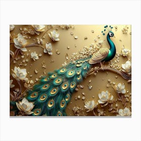 3d Peacock Illustration Background with Golden Jewelry Canvas Print