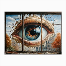 Surreal Painting Of A Building Sized Eye Peeling Back Seasonal Layers To Reveal Times Progression Canvas Print