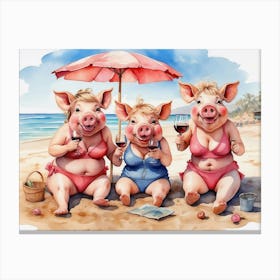 Three Piggy Sunbathers Enjoy Wine and Relaxation at the Beach During a Sunny Day Canvas Print