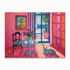 Cat in Pink Room. Retro Oil Henry Matisse Style Interior Painting Canvas Print