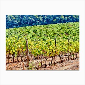 Under the Vineyard Shade. A tranquil scene of a vineyard stretching across sunlit hills, framed by the sprawling branches of a sturdy tree, evoking serenity and natural beauty. 1 Canvas Print