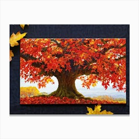 An Autumn Oak Tree Abundantly Lit Branches Spreading Widely Spanning A Slim Sleek Card Leaves Bla (3) Canvas Print