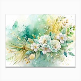 Watercolor Painting Of A White Flower Bouquet With Green And Gold Foliage 1 Canvas Print