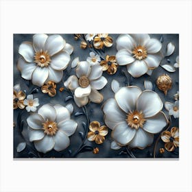 Majestic 3d Artwork Design, White and Blue Tones, Golden Jewelry, Floral Motifs Canvas Print