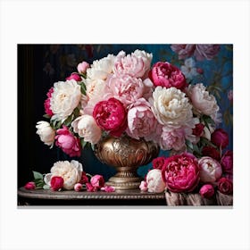 A Luxurious Bouquet Of Roses And Peonies In Full Bloom Cradled In An Ornate Vase Peonies Flushing V Canvas Print