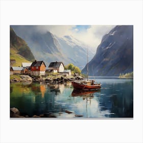 Fishing Boat Moored Near Fjord Houses Canvas Print