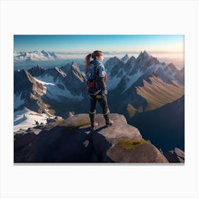 Girl Admiring The View From The Mountain Summit Canvas Print