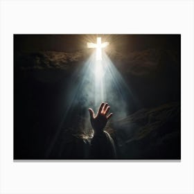 An Ultra Realistic Depiction Of A Hand Raised In A Gesture Of Prayer Emerging From Darkness Into A (5) Canvas Print