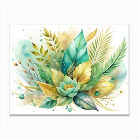 Watercolor Painting Of A Green And Gold Tropical Flower And Leaves Canvas Print