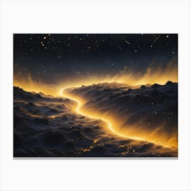 A Luminous, Molten River Of Golden Light Snakes Through A Dark And Desolate Landscape Under A Shower Of Shooting Stars Canvas Print