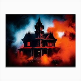 A Haunted House With Fiery And Skittish Autumn Colors Forms The Centerpiece Of A Mysterious Hallowee (4) Canvas Print