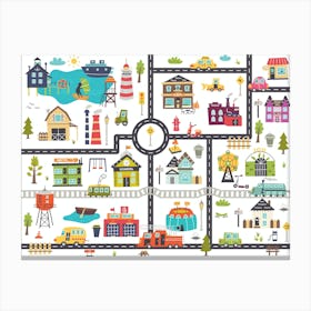 Horizontal kids map with roads, cars, buildings Canvas Print
