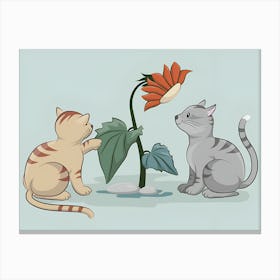 Two Cats Looking At A Flower Canvas Print