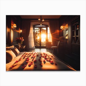 Romantic Bedroom With Rose Petals Canvas Print
